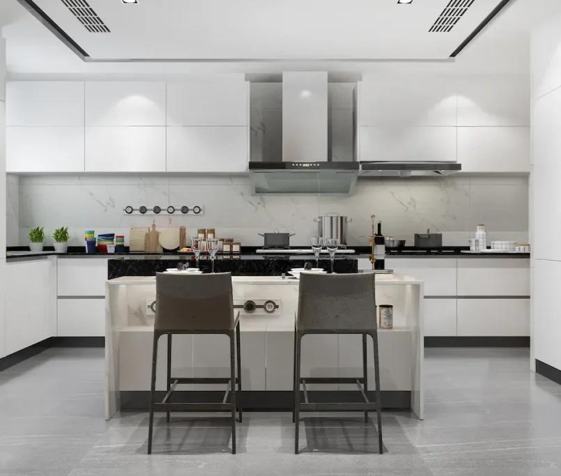 white minimal kitchen with wood decoration