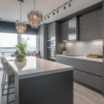 Modern white quartz kitchen countertop with stainless steel appliances and white cabinetry